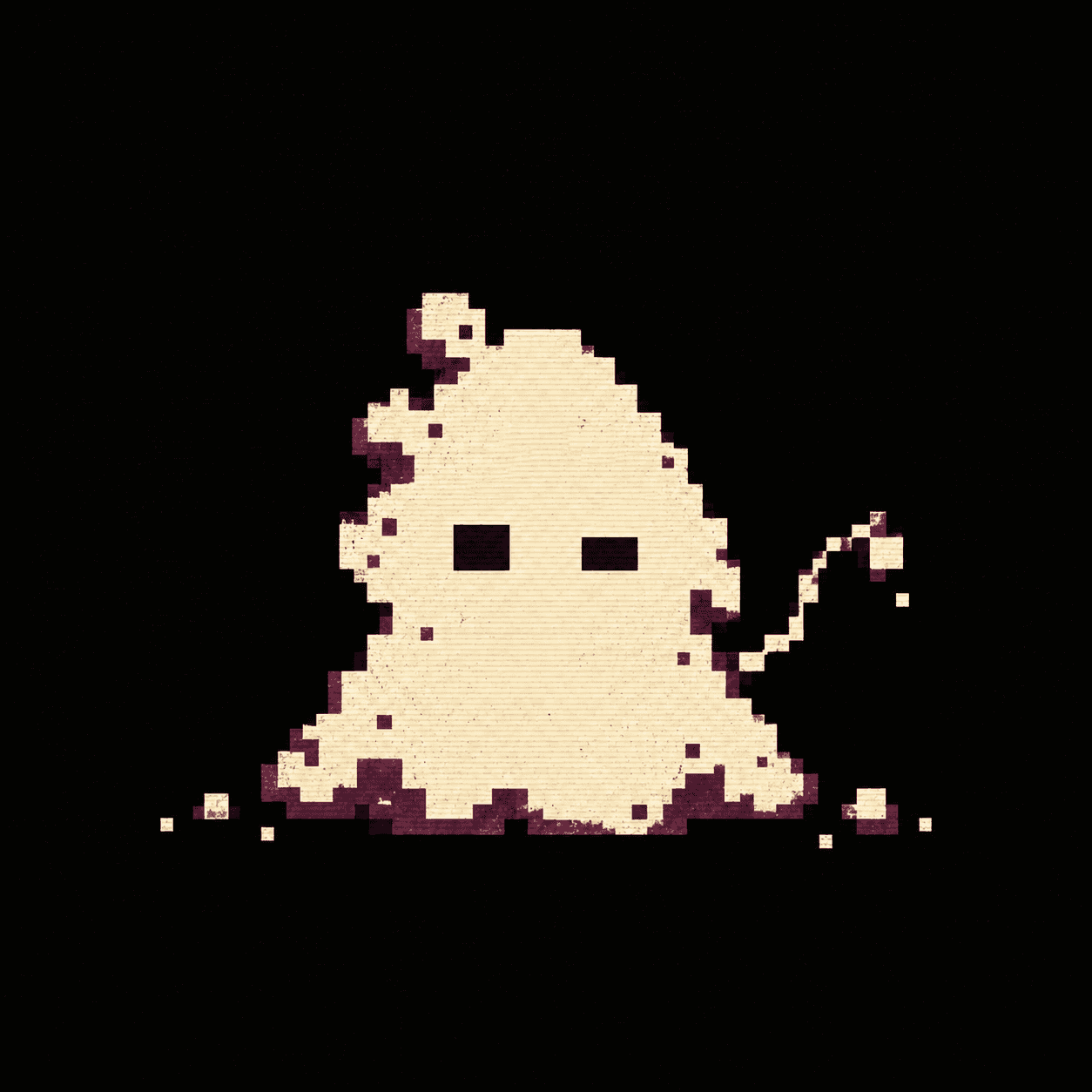 A lopsided cream pixel colony with vacant rectangular eyes and plum edges, recovered from a dark machine.